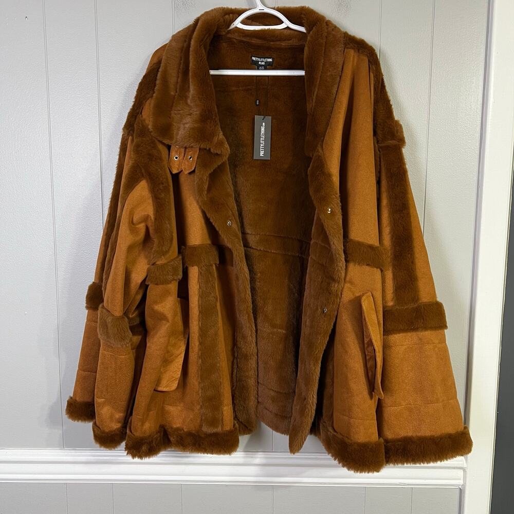 Brown Faux Suede Fur Trim Jacket Womens Plus size 24 Oversized Coat NWT